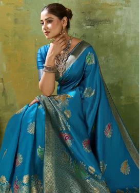 Woven Work Silk Blend Traditional Saree in Blue for Women