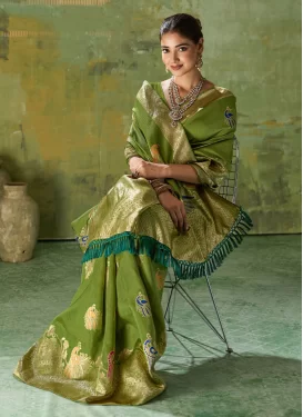 Silk Blend Trendy Saree in Olive with Woven Work for Women