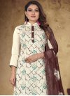 Off White and Wine Pant Style Salwar Kameez For Casual - 1