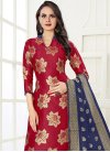 Woven Work Navy Blue and Red Art Silk Pant Style Classic Salwar Suit - 1