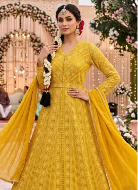 Georgette Trendy Gown with Embroidered Work in Mustard