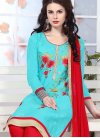 Embroidered Work Light Blue and Red Pant Style Salwar Kameez - 1