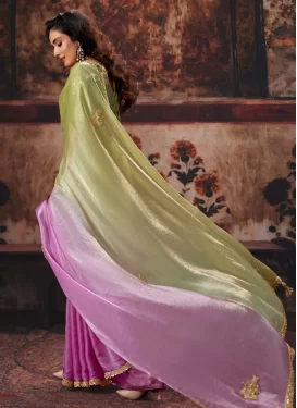 Fendi Silk Classic Saree in Mint Green and Violet with Cutdana Work for Ceremonial