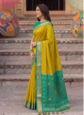 Woven Work Traditional Saree For Festival in Mustard and Sea Green