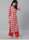 Red and White Cotton Readymade Palazzo Salwar Kameez - 1
