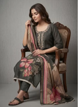 Cotton Straight Suit with Beads Work in Grey