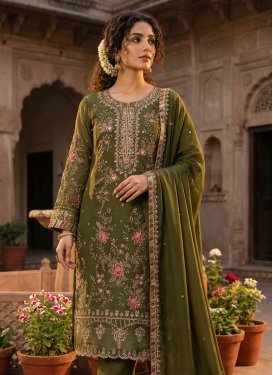 Chiffon Embroidered Work Straight Suit in Olive