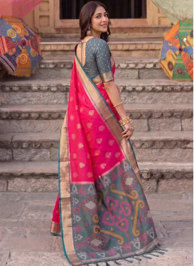 Silk Blend Classic Saree with Woven Work for Women in Rose Pink and Teal