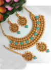Dignified Alloy Moti Work Firozi and Gold Gold Rodium Polish Necklace Set - 1