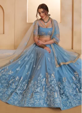 Net Designer Lehenga Choli in Light Blue with Cutdana Work for Women