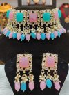 Catchy Pink and Sea Green Gold Rodium Polish Jewellery Set For Ceremonial - 1