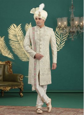 Art Silk Wedding Sherwani in Cream with Embroidered Work for Party