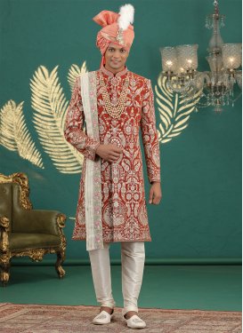 Embroidered Work Art Silk Wedding Sherwani in Beige and Tomato for Men