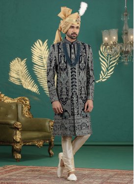 Embroidered Work Art Silk Wedding Sherwani in Navy Blue for Ceremonial