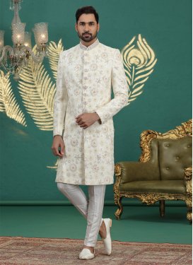 Art Silk Wedding Sherwani with Embroidered Work in Cream and Off White for Party