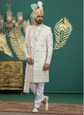 Embroidered Work Art Silk Wedding Sherwani in Cream and Off White for Ceremonial