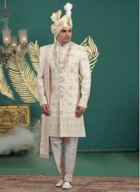 Cream Art Silk Wedding Sherwani with Cutdana Work for Festival