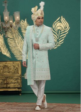 Art Silk Wedding Sherwani in Aqua Blue and Beige with Embroidered Work for Men