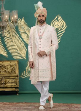 Embroidered Work Art Silk Wedding Sherwani in Off White and Salmon for Ceremonial