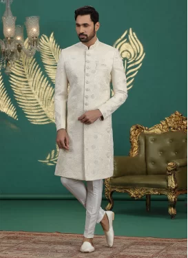 Art Silk Wedding Sherwani with Embroidered Work in Cream and Off White for Ceremonial