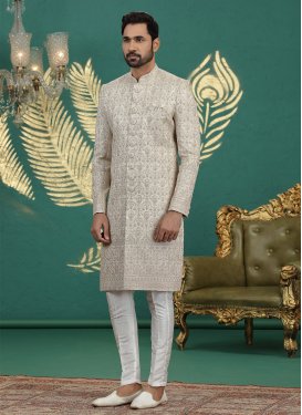 Beige Art Silk Wedding Sherwani with Embroidered Work for Ceremonial