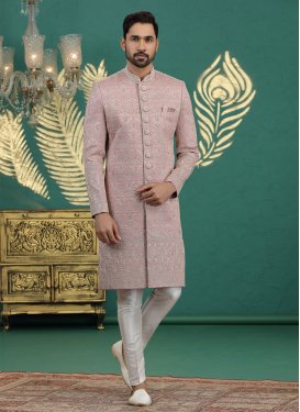 Art Silk Wedding Sherwani with Embroidered Work in Off White and Salmon for Festival