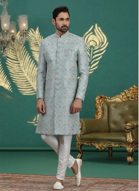 Art Silk Wedding Sherwani with Embroidered Work for Festival in Aqua Blue and Off White