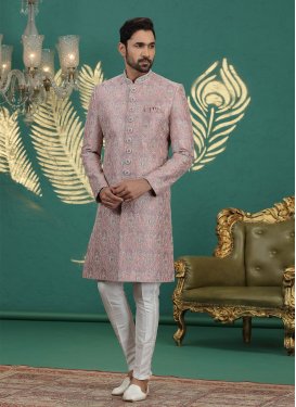 Off White and Salmon Art Silk Wedding Sherwani with Embroidered Work for Ceremonial