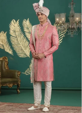 Banarasi Silk Wedding Sherwani with Resham Work in Beige and Salmon for Ceremonial