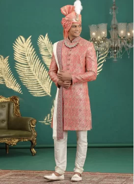 Beige and Tomato Banarasi Silk Resham Work Wedding Sherwani for Men