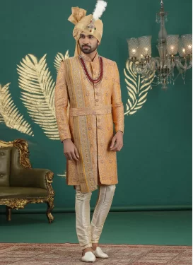 Banarasi Silk Wedding Sherwani with Resham Work in Beige and Mustard