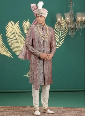 Maroon and Off White Banarasi Silk Wedding Sherwani with Resham Work for Ceremonial