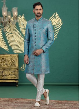Banarasi Silk Wedding Sherwani in Light Blue and Off White with Cutdana Work for Ceremonial