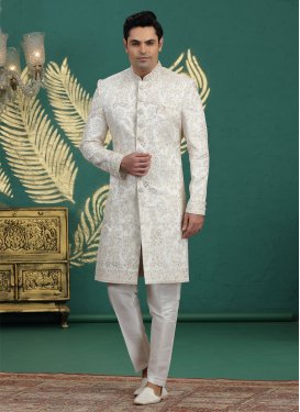 Art Silk Wedding Sherwani in Off White with Embroidered Work for Men