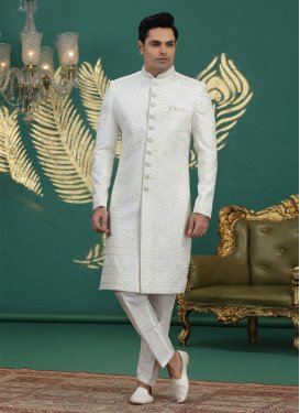 Banarasi Silk Wedding Sherwani with Embroidered Work in Off White