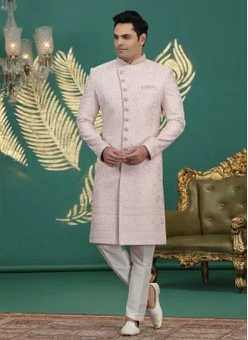 Off White and Salmon Banarasi Silk Wedding Sherwani with Embroidered Work for Ceremonial