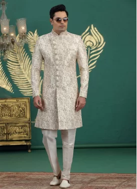 Banarasi Silk Wedding Sherwani in Cream with Embroidered Work for Ceremonial