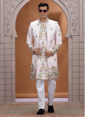 Pink and White Art Silk Cutdana Work Indo Western for Men