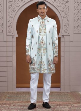 Turquoise and White Art Silk Indo Western with Cutdana Work for Party