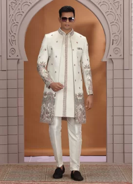 Art Silk Indo Western in Cream with Embroidered Work for Men