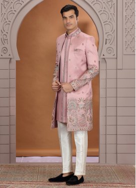 Art Silk Indo Western with Embroidered Work in Off White and Salmon