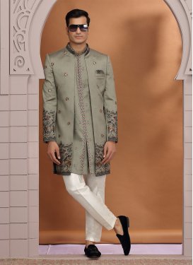 Embroidered Work Art Silk Indo Western in Off White and Sea Green for Party