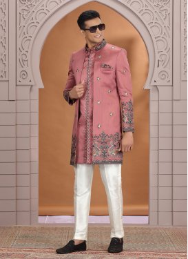 Embroidered Work Art Silk Indo Western in Off White and Salmon for Men