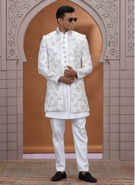 Cutdana Work Art Silk Indo Western in White for Men