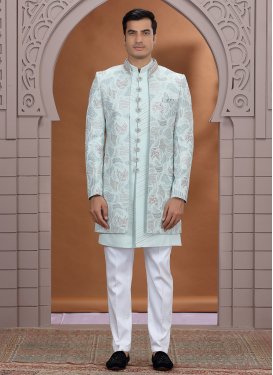 Turquoise and White Art Silk Indo Western with Cutdana Work for Festival