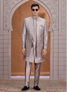 Brown Art Silk Embroidered Work Indo Western for Men