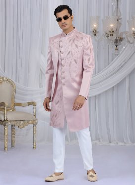 Cutdana Work Art Silk Wedding Sherwani in Pink and White for Party
