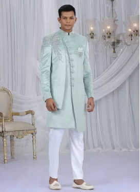 Velvet Wedding Sherwani in Aqua Blue and White with Cutdana Work for Ceremonial