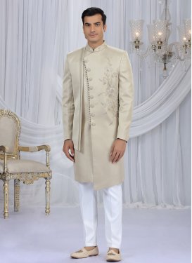 Art Silk Wedding Sherwani in Beige and White with Cutdana Work for Men