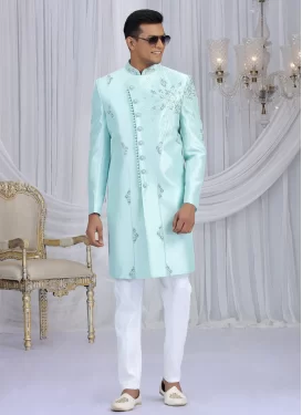 Art Silk Wedding Sherwani with Cutdana Work for Men in Firozi and White